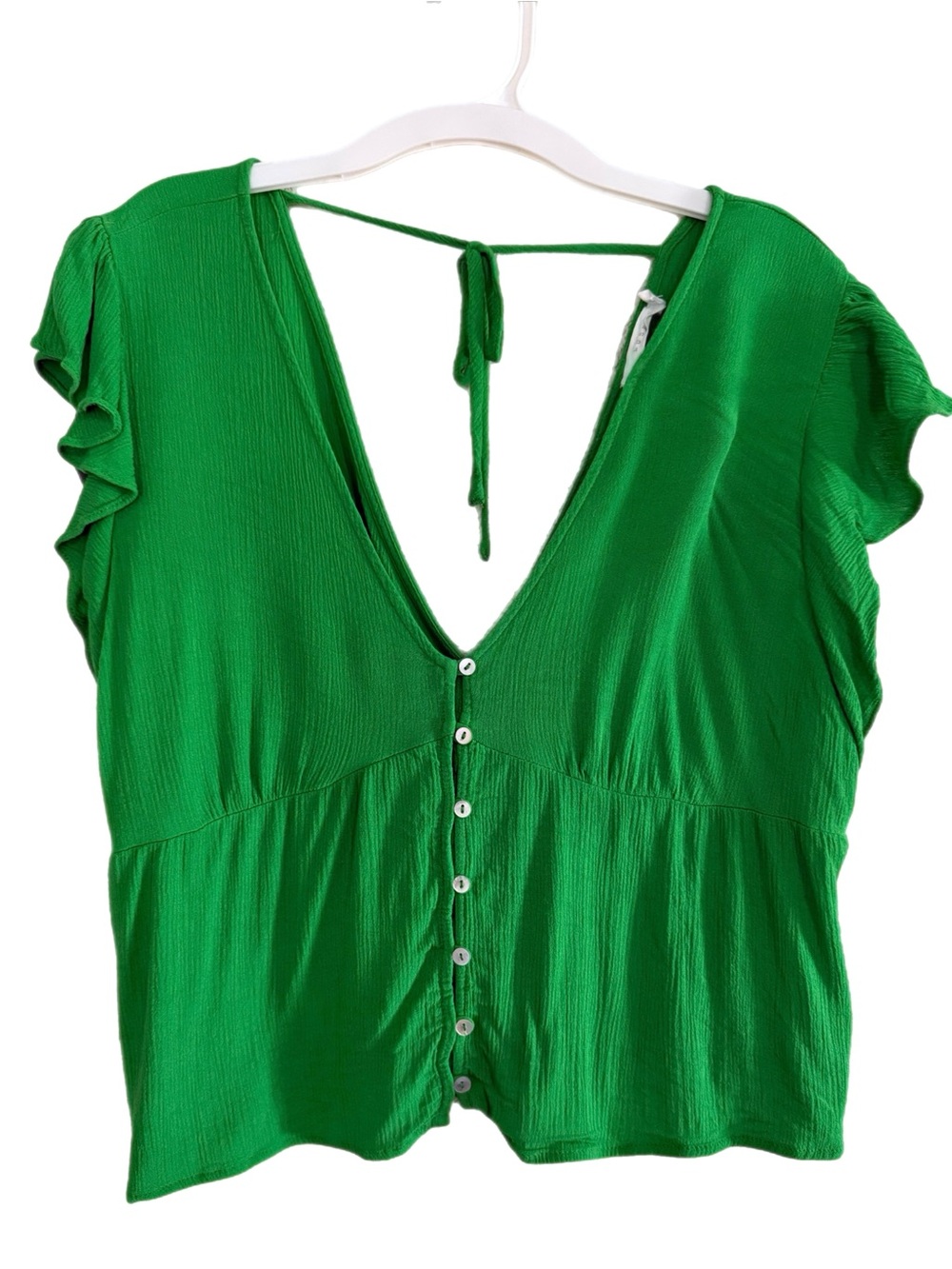 Lush Green V-Neck Button Front Blouse with Tie Back Size L